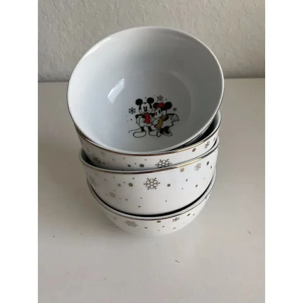 Set Of 4 DISNEY MICKEY MINNIE MOUSE Christmas Soup Snowflakes Red Scarf Bowl NEW
